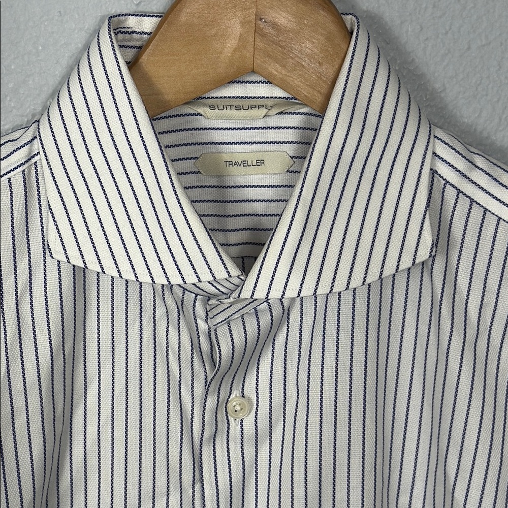 Suitsupply Men's Traveler White and Blue Striped‎ Twill Shirt
